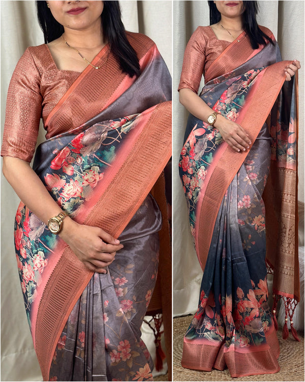 Label Mishwa Presents A perfect heavy satin jacquard 3D print sarees with.