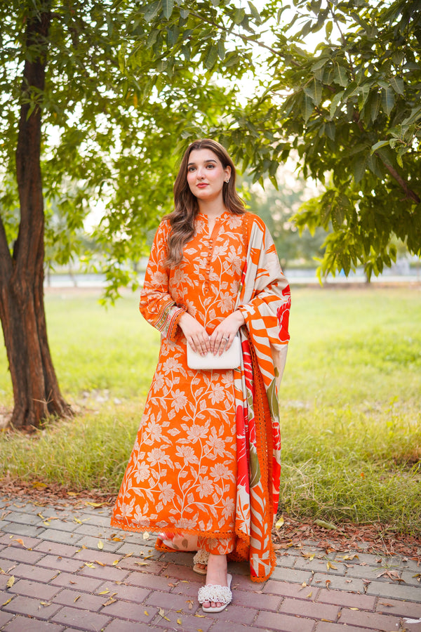 Rabatta Women’s Orange Floral 3-Piece Printed Suit with Matching Dupatta