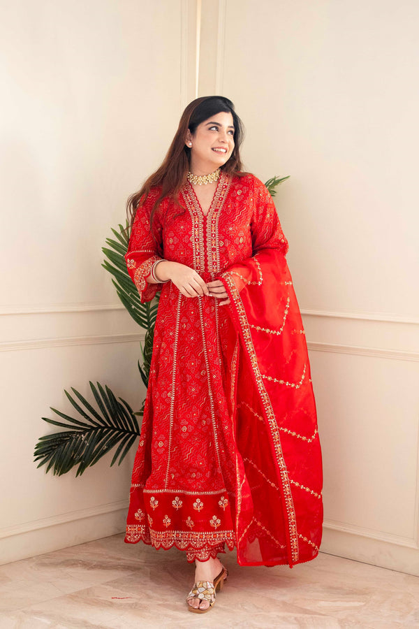 Lable mishwa presents Red Voluminous Anarkali Suit Set