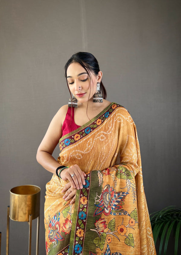 label mishwa Pure soft cotton tussar silk saree  with elegant prints and contrast pallu with contrast blouse and tassels