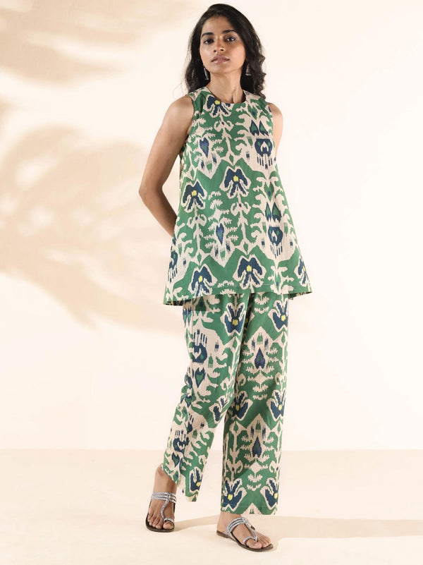 Label Mishwa Presents Cotton Ikat Floral Printed Sleeveless Co-ord Set with round neckline.