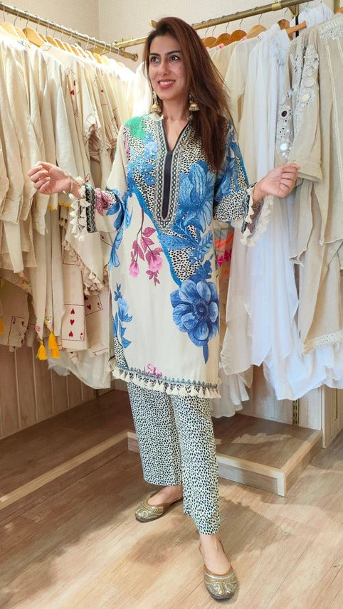 Masaaba hand embrodairy floral print muslin cordset for women
