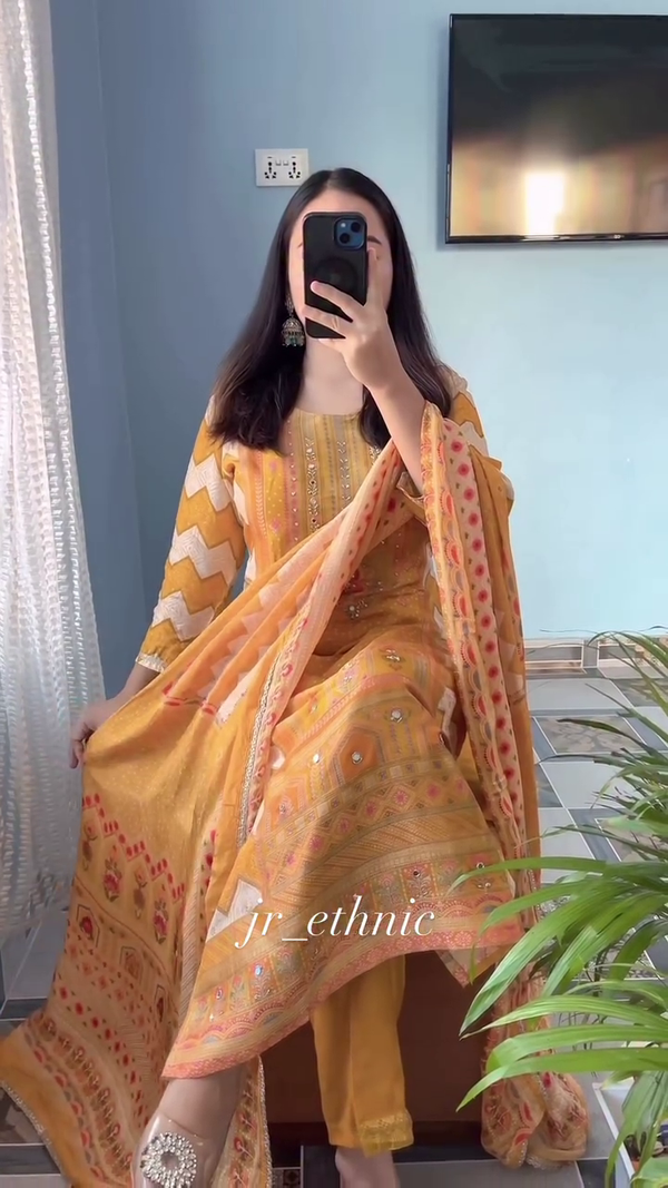 Sufi Mustard Printed Ethnic Suit Set – Elegance in Every Detail.
